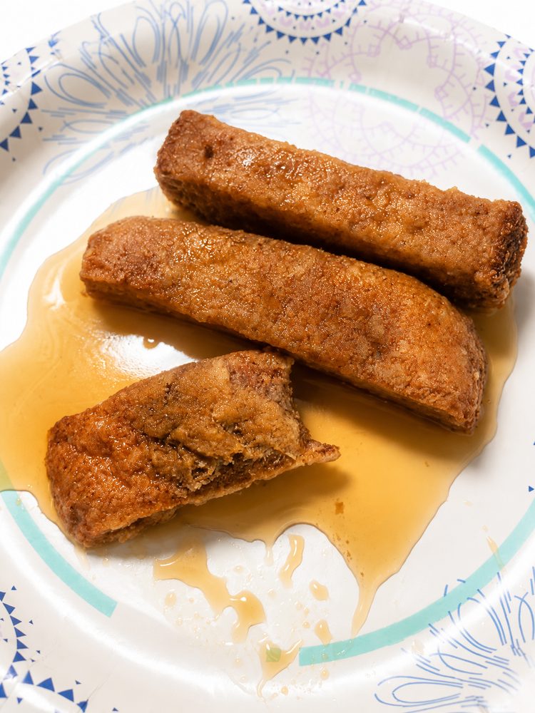 Meal photo sent to NanoRhino: french toast sticks with sugar-free syrup on a paper plate